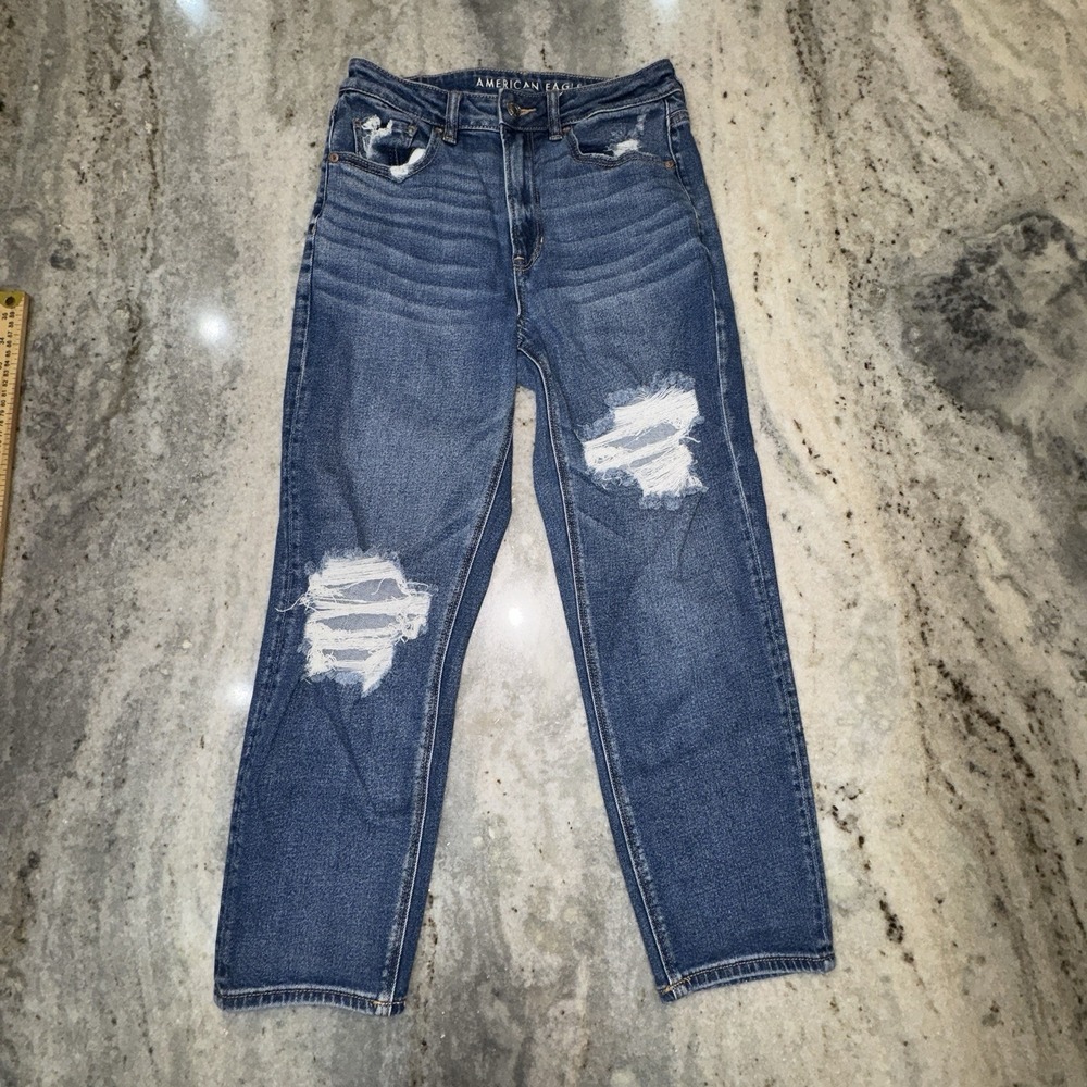 American Eagle Mom Straight Jeans High Rise Distressed Ripped 28x25 Sz 6 Short